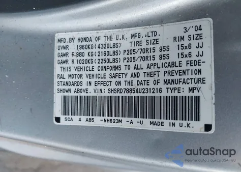 2004 Honda Cr-V Ex z USA, uszkodzony, nr VIN SHSRD78854U231216